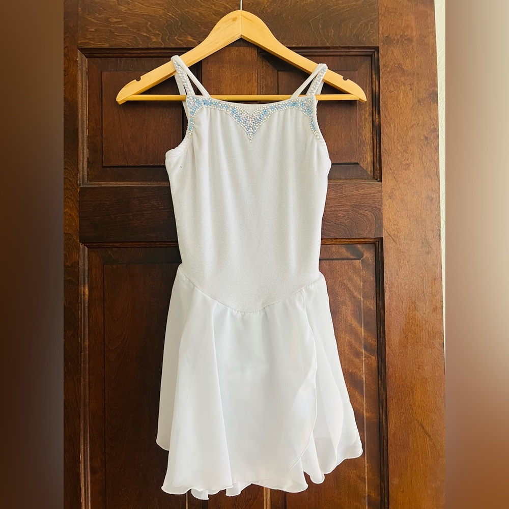 Custom-stoned white glittery figure skating or dance dress - Size Small